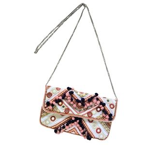 Clements Ribeiro Black Colorful Beaded Crossbody Bag Pom Pom Sequin Clutch